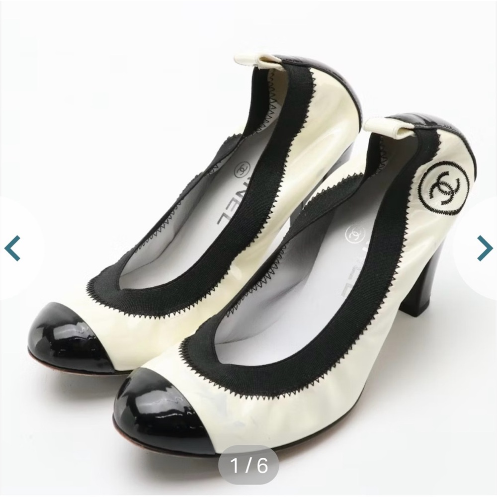 💯Auth Chanel Black & White Cap-Toe Patent Leather Heels with Embroidered CC Logo